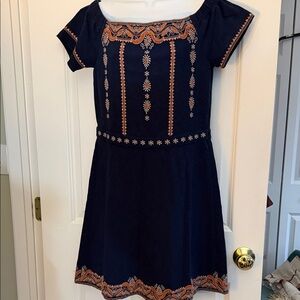 Tory Burch Navy cotton BOHEMIAN Midi Dress with Orange Embroidery